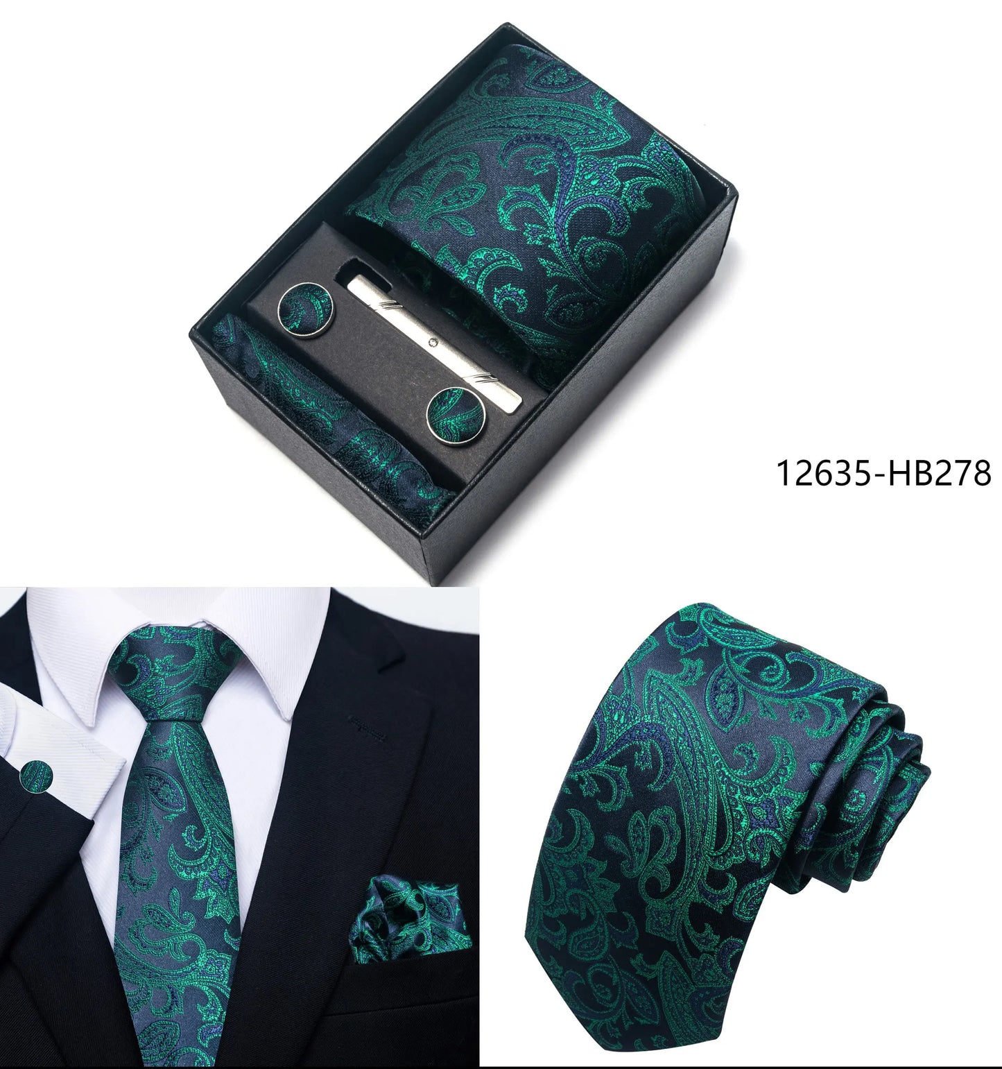 Solid Color 5 Pcs Tie Set Handkerchief, Cufflinks, Tie and Clip