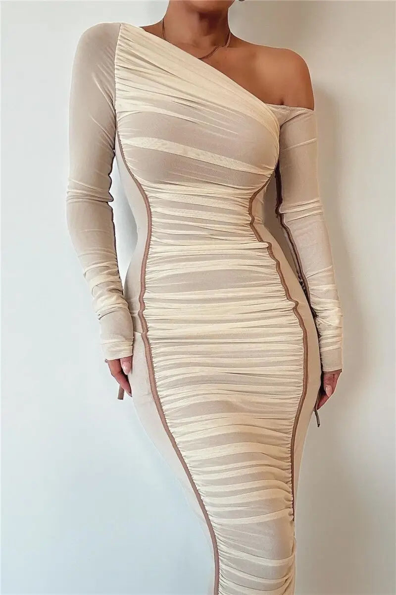 Long Sleeves Two Layer Mesh Midi Bodycon Dress