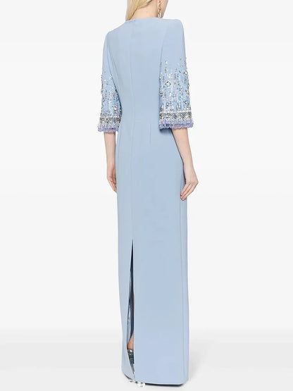 Beaded Haute Couture Floor-Length Dress – 3/4 Sleeves, Formal Elegance