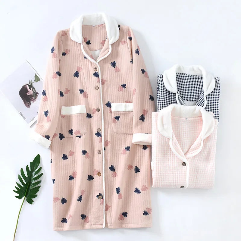 Winter Warm Cotton Robe Nightgown with Pockets