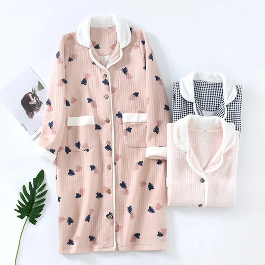 Winter Warm Cotton Robe Nightgown with Pockets