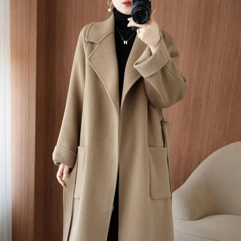100% Cashmere-Wool Blend Belted Long Overcoat