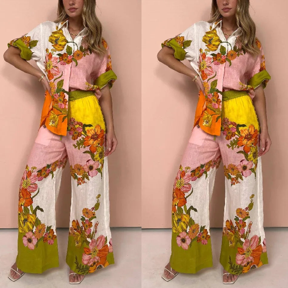 Floral Print 2 Pcs Shirt and High Waist Trousers Set