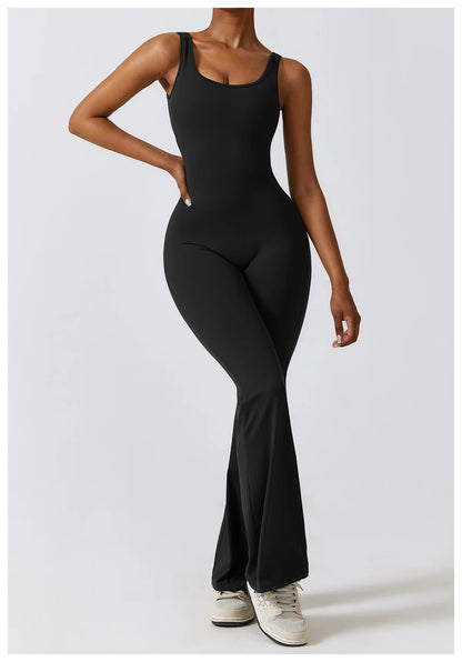 U Neckline V Back Cut Out Flare Workout Jumpsuit