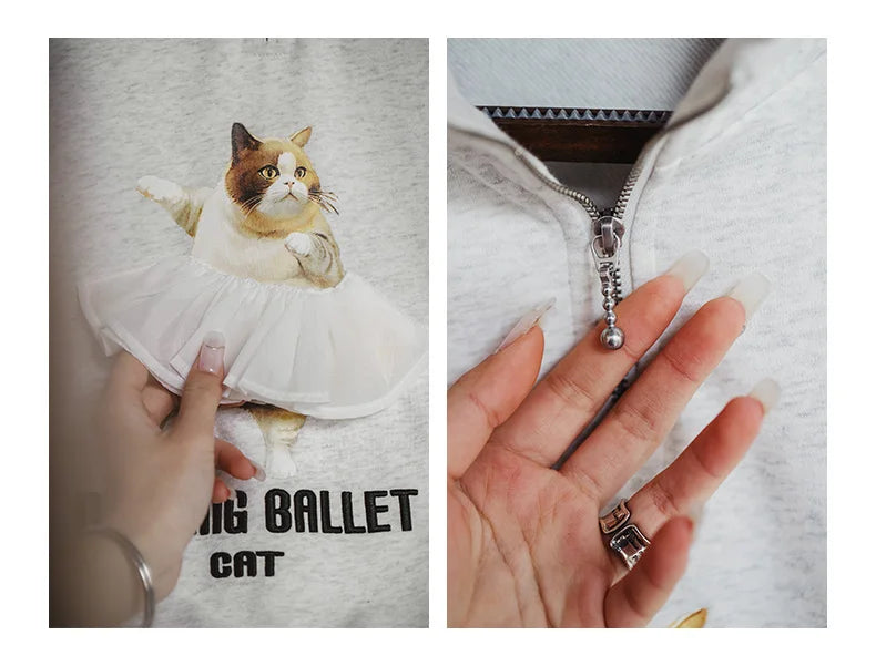 Dancing Ballet Cat Cotton Light Gray Sweatshirt