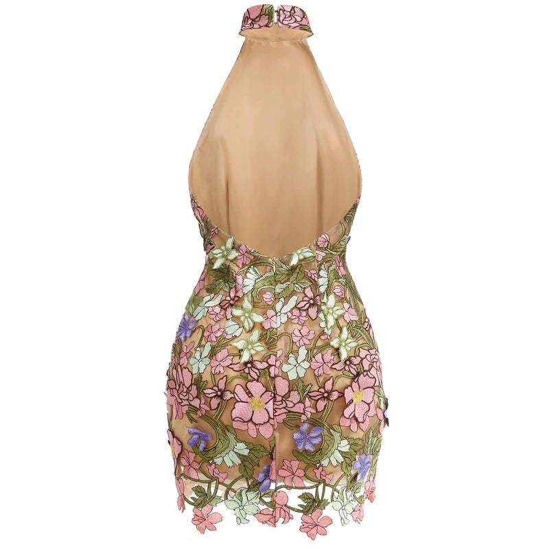 Floral Embroidery Halter Neckline Mini Dress