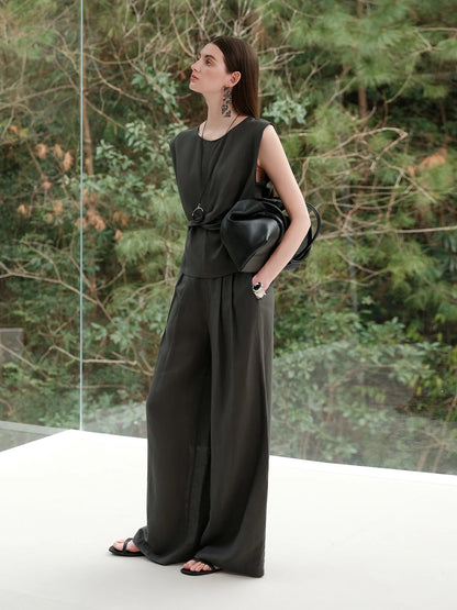 Linen Two-Piece Pants Suit – Sleeveless Top & Wide-Leg Trousers