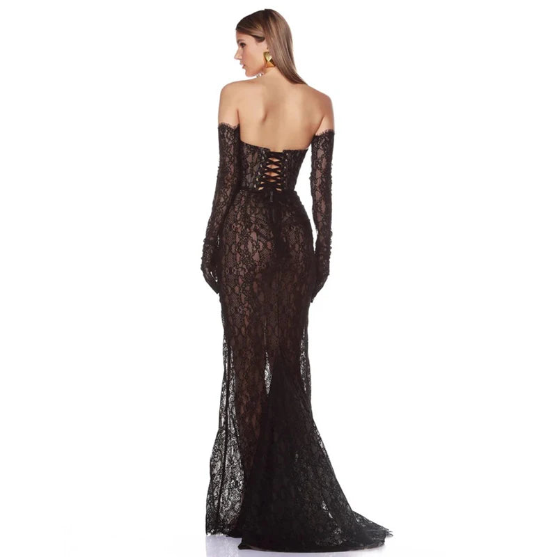 Strapless Lace Black Tie Gown Dress with Matching Lace Gloves