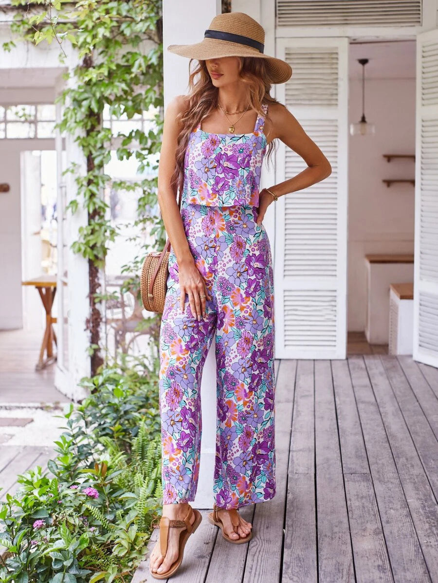 Floral Square Neckline Casual Wide Leg Jumpsuit