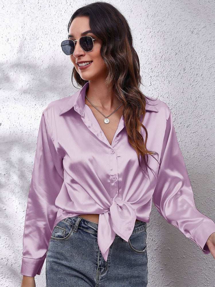 Loose Fit Satin Long Sleeve Button Up Blouse Shirt