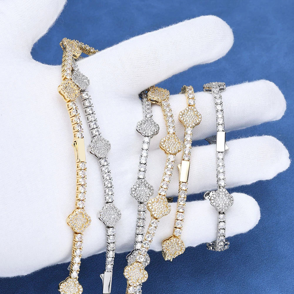 Four Leaf Clover Details Moissanite Tennis Bracelet - Gift For Him and Her
