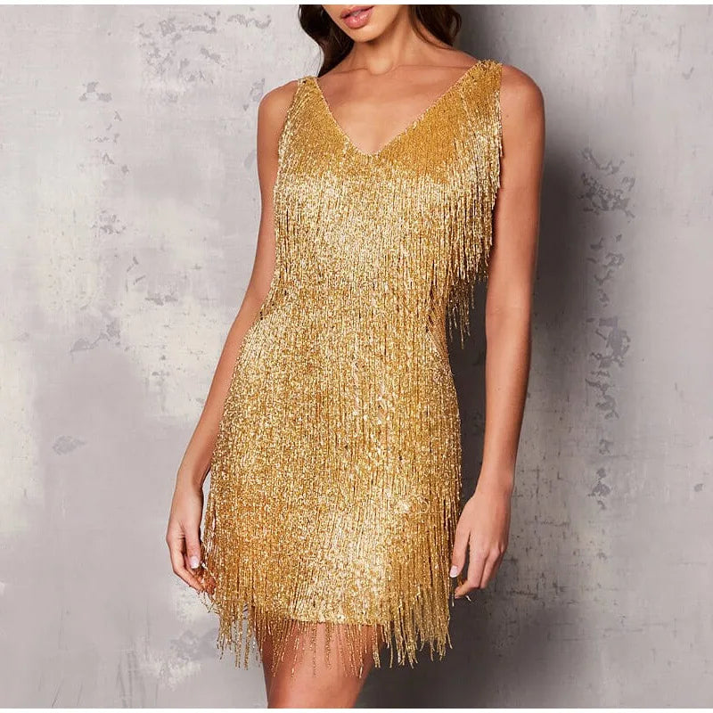 Spaghetti Straps Sequin Tassel and Feather Mini Dress