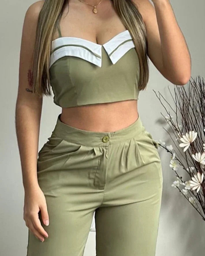 Spaghetti Straps Crop Top and Straight Leg Pants Set