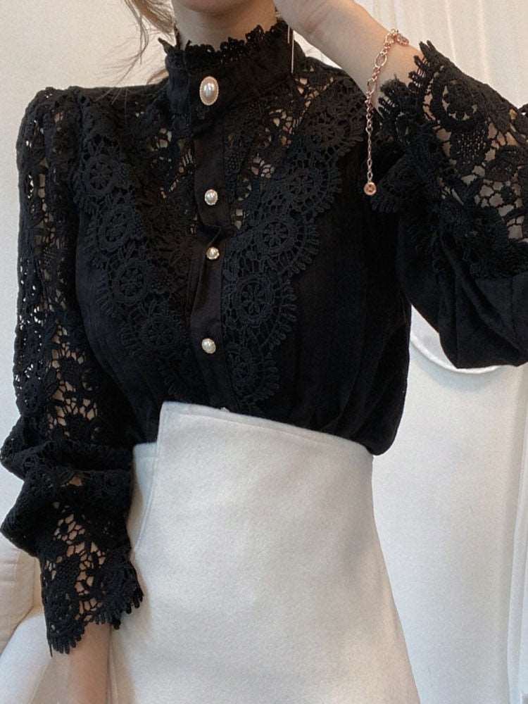 Feminine Petal Flower Cut out Sleeves Lace Blouse Button Shirt