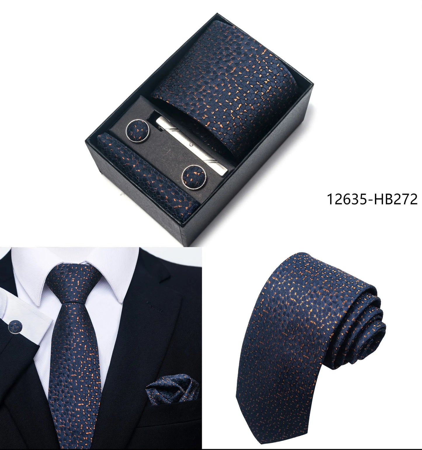 Solid Color 5 Pcs Tie Set Handkerchief, Cufflinks, Tie and Clip