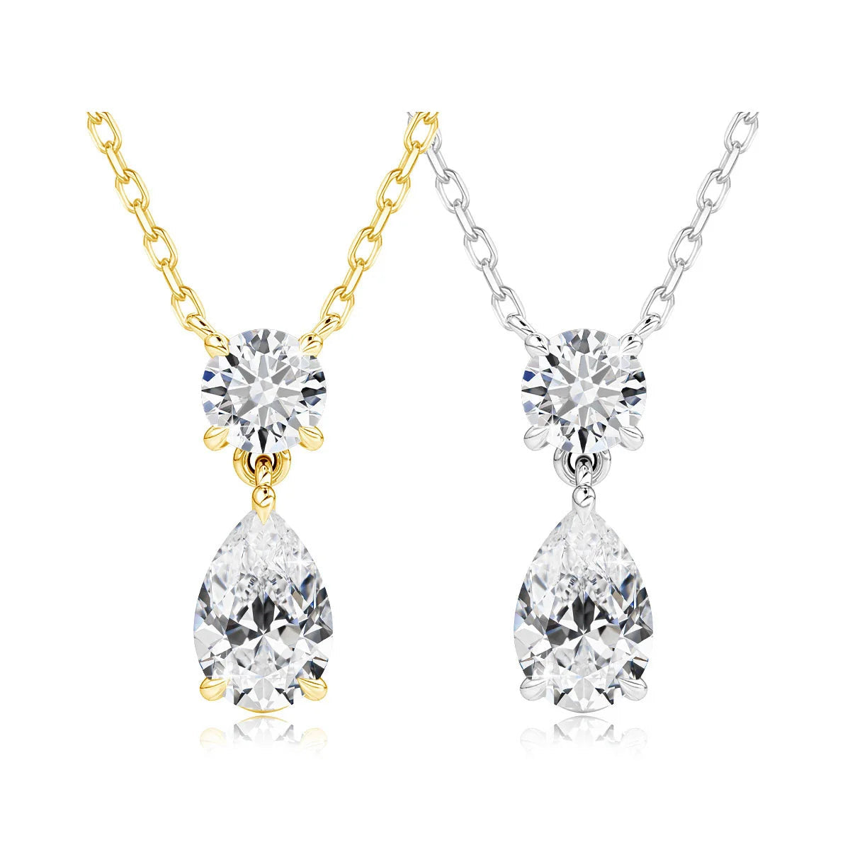 18K Gold Plated Two-Stone Moissanite Necklace – Round & Pear Cut D Color VVS1