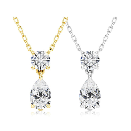18K Gold Plated Two-Stone Moissanite Necklace – Round & Pear Cut D Color VVS1