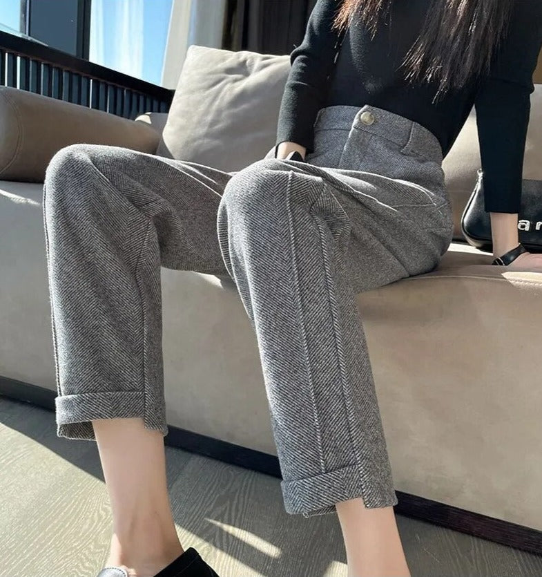 High Waist Tweed Pencil Wool Winter Cuffed Trousers