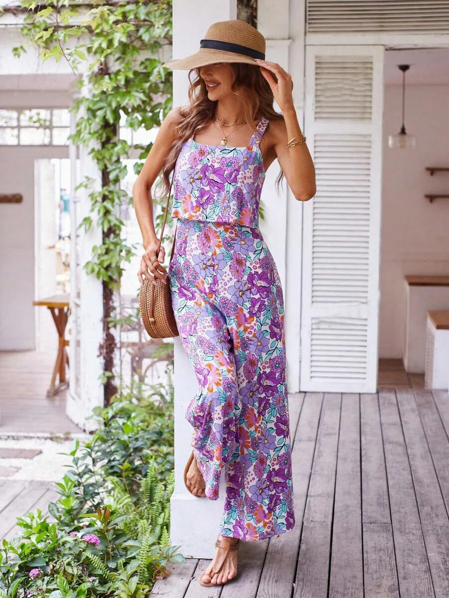 Floral Square Neckline Casual Wide Leg Jumpsuit