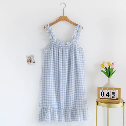 100% Cotton Crepe Home Dress Plaid Sleepwear Dress