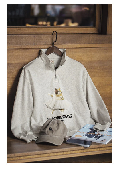 Dancing Ballet Cat Cotton Light Gray Sweatshirt