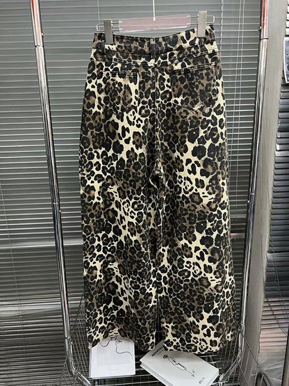 High Waist Wide Leg Leopard Ripped Jeans