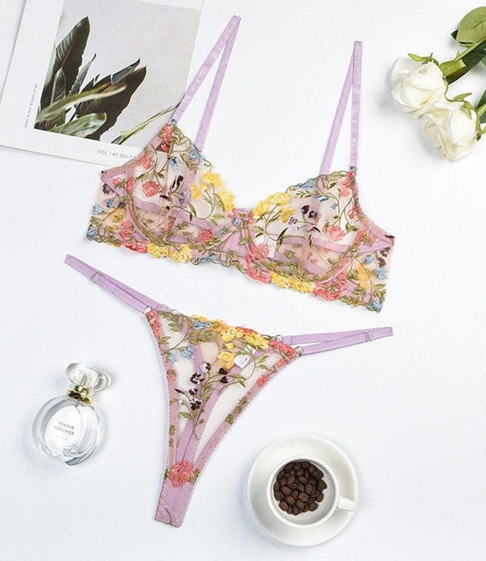 Floral Embroidery Lingerie Set Lace Bra and Panty Set