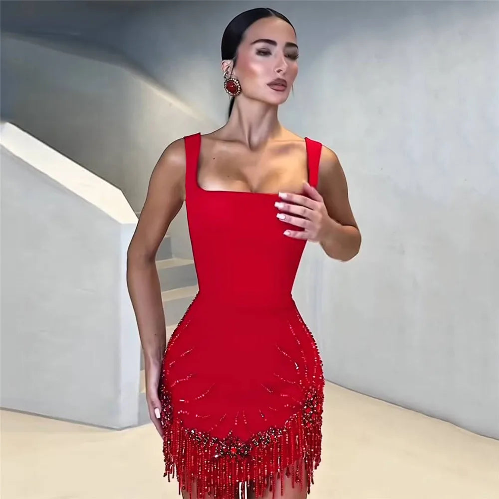 Beaded Tassel Square-Neck Mini Bandage Dress