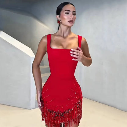 Beaded Tassel Square-Neck Mini Bandage Dress