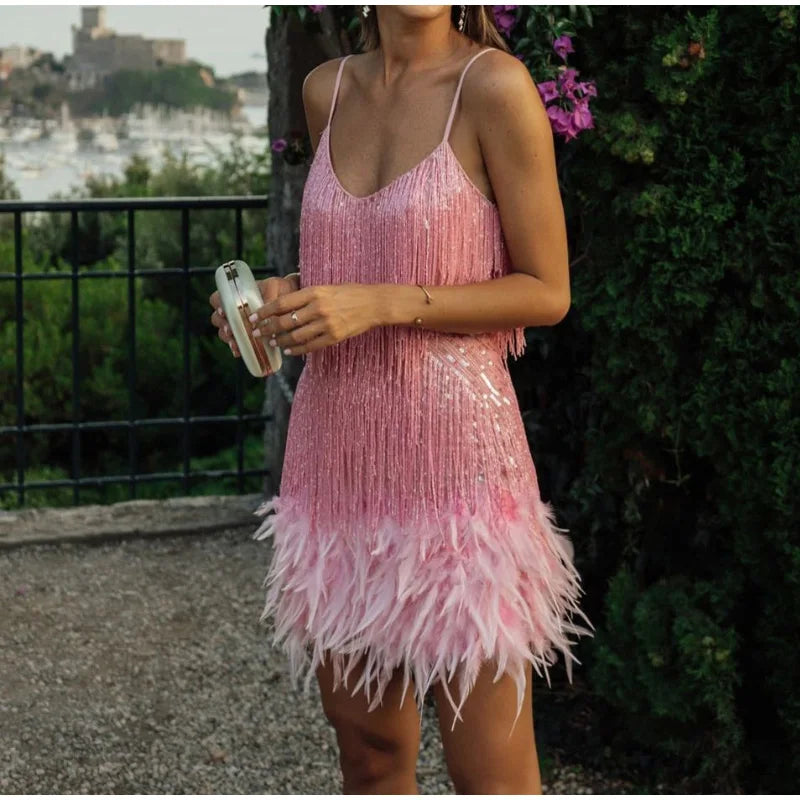 Spaghetti Straps Sequin Tassel and Feather Mini Dress