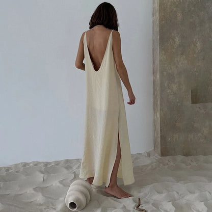 Lined Casual Long Back Deep V Dress