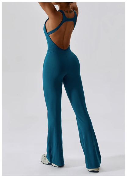 V Neckline Back Cut Out Flare Workout Jumpsuit