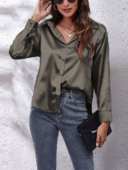 Loose Fit Satin Long Sleeve Button Up Blouse Shirt