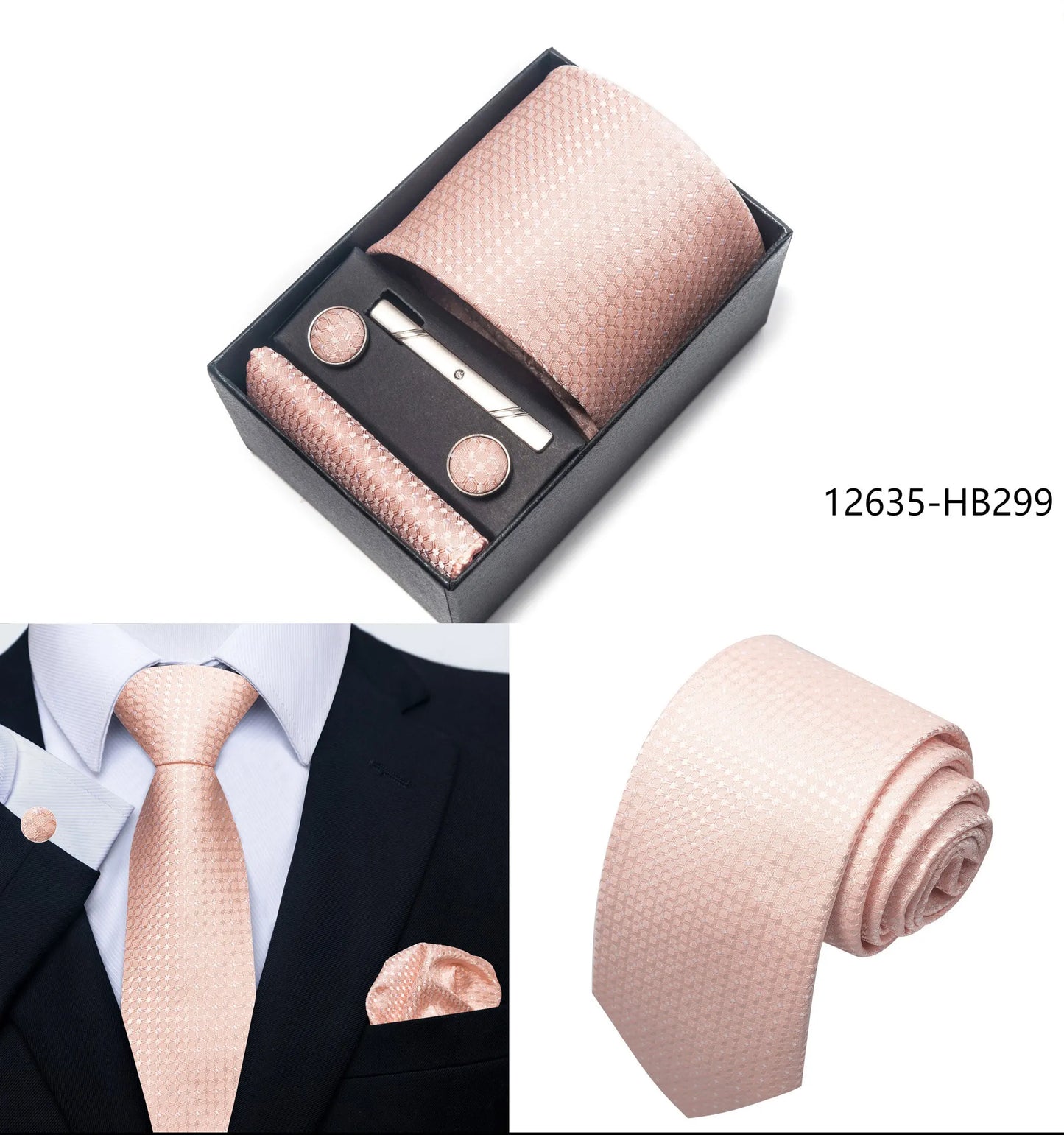 Solid Color 5 Pcs Tie Set Handkerchief, Cufflinks, Tie and Clip