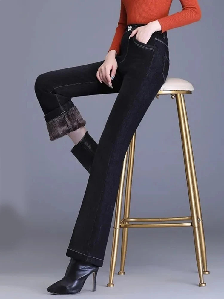 Winter Velvet Lined Thermal Denim Boot Cut Trousers