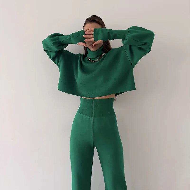 High Neckline Crop Top with Trousers Set