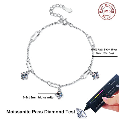 1.5CT Moissanite 3-Charms Bracelet – Elegant Gift for Her