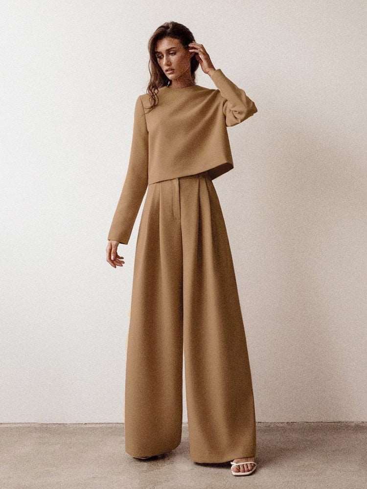 Classic Loose Cut Floor-Length Pants Vintage With Long Sleeve Top Set