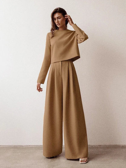 High Waist Wide Leg Suit Tailored Trousers with Long Sleeve Top Set