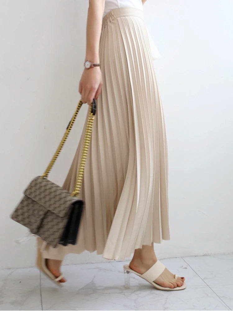 Solid Color Pleated Satin High Waist Long Skirt