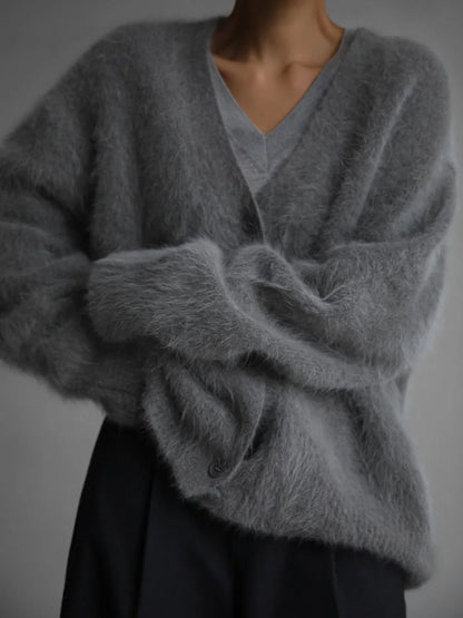 V Neckline Fluffy Oversized Winter Cardigan