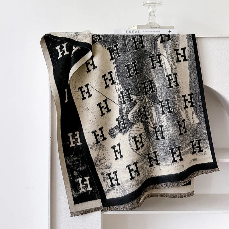 H Letter Cashmere Blend Winter Scarf Luxury Design Pashmina Scarf - Christmas Gift