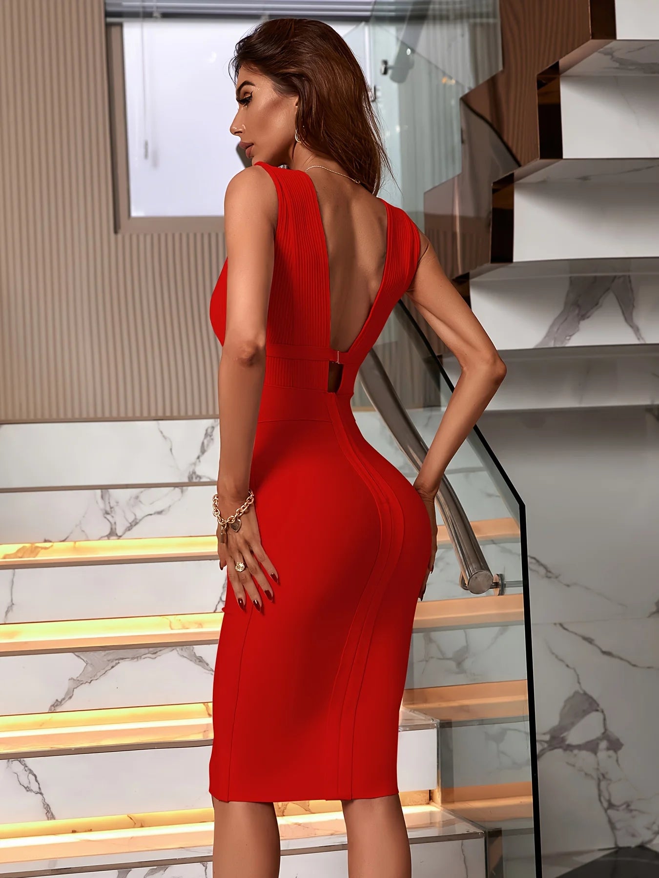 Deep V Neckline Sleeveless Red Bodycon Bandage Dress - Christmas Dress