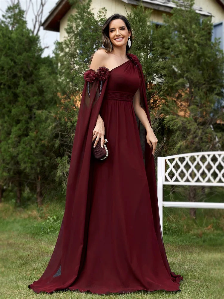 One Shoulder Very Long Sleeve Chiffon Evening Dress – Plus Size Dress with Flower Details