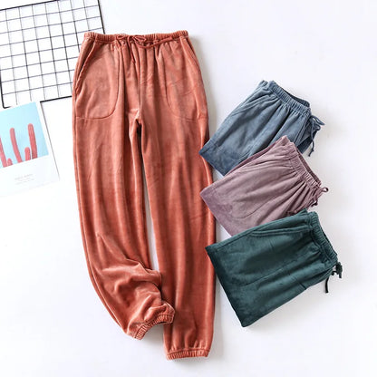 Autumn Winter Velvet Pajama Bottoms - Flannel Pajama Trousers with Pockets