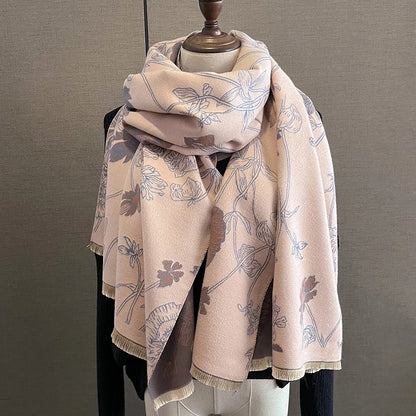 Poppy Flower Print Cashmere Scarf 180* 65 CM Double-Sided Scarf