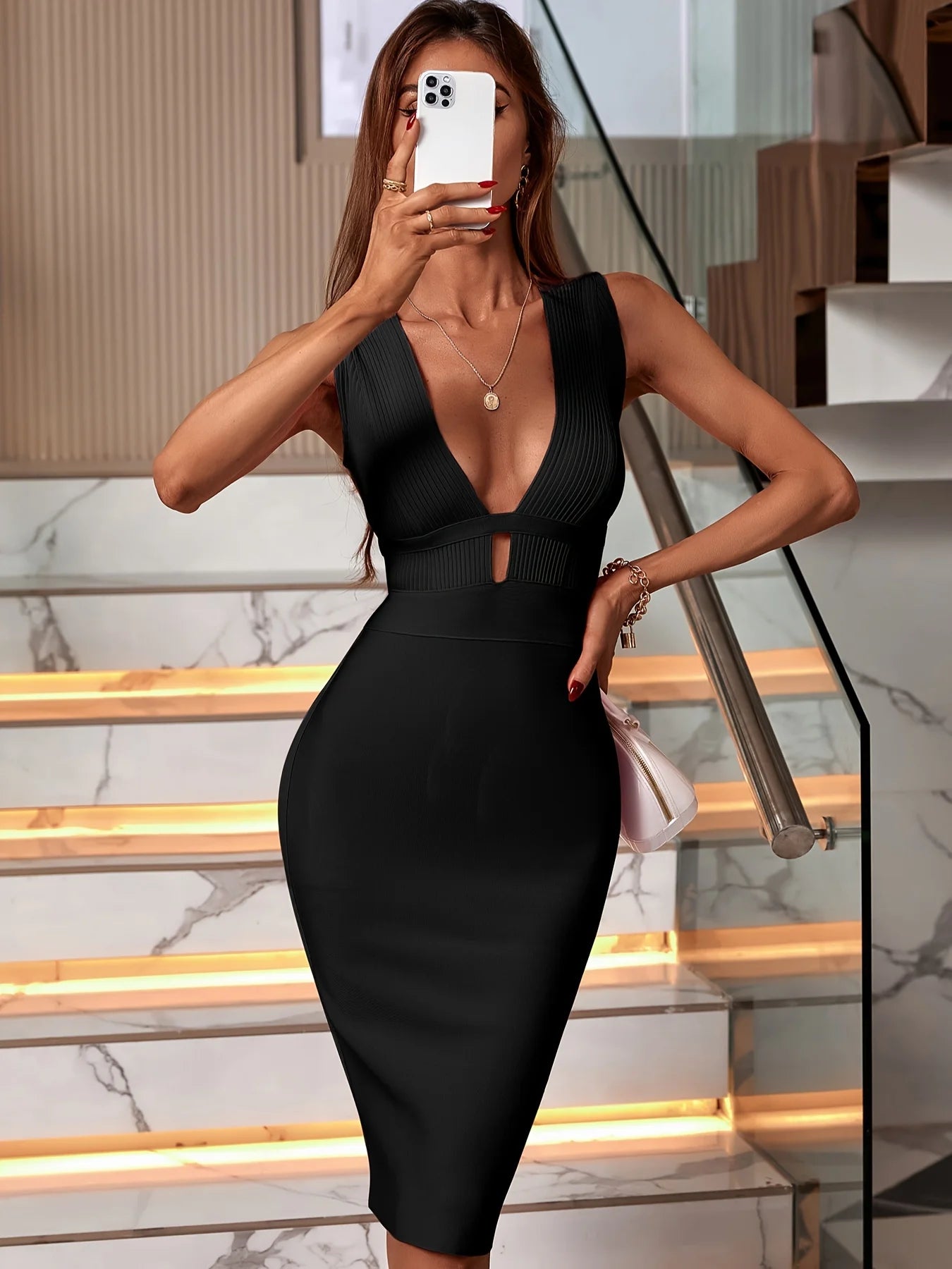 Deep V Neckline Sleeveless Black Bodycon Bandage Dress