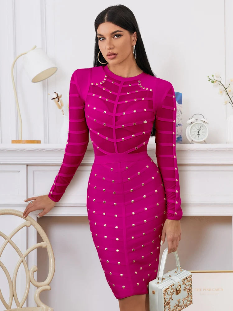 Long Sleeves Fuchsia Lace Details Bandage Dress