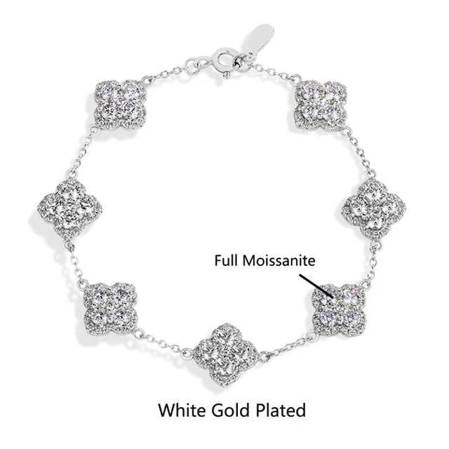 18K Gold Plated Four Leaf Clover Moissanite Bracelet - Gift for Her