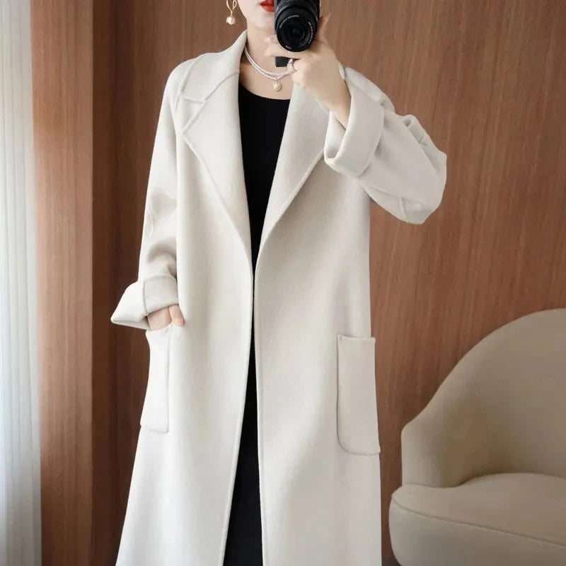 100% Cashmere-Wool Blend Belted Long Overcoat